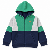 Front view of boys emerald green, grey and navy color-block fleece zip-up hoodie