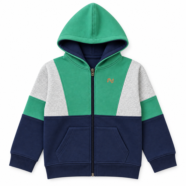 Front view of boys emerald green, grey and navy color-block fleece zip-up hoodie
