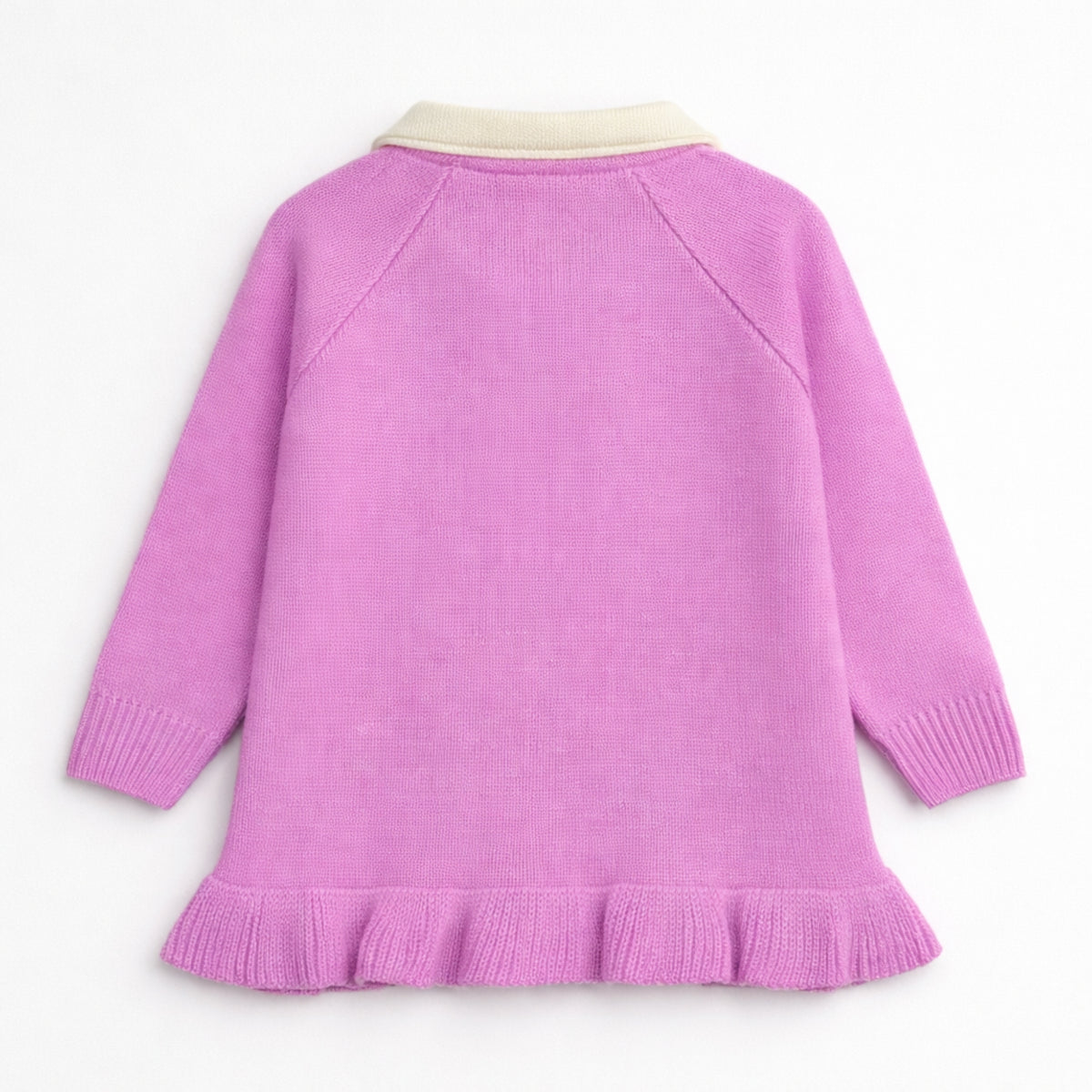 Back view of lilac pink ruffle cardigan for girls