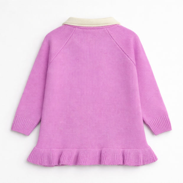 Back view of lilac pink ruffle cardigan for girls