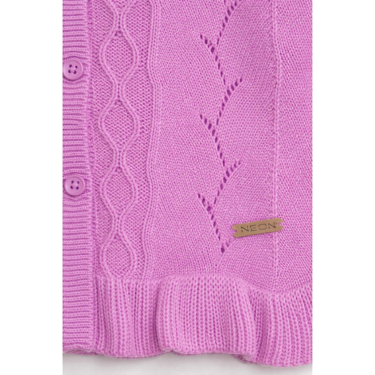 Close-up of lilac pink cardigan cable and pointelle knit details