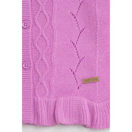 Close-up of lilac pink cardigan cable and pointelle knit details