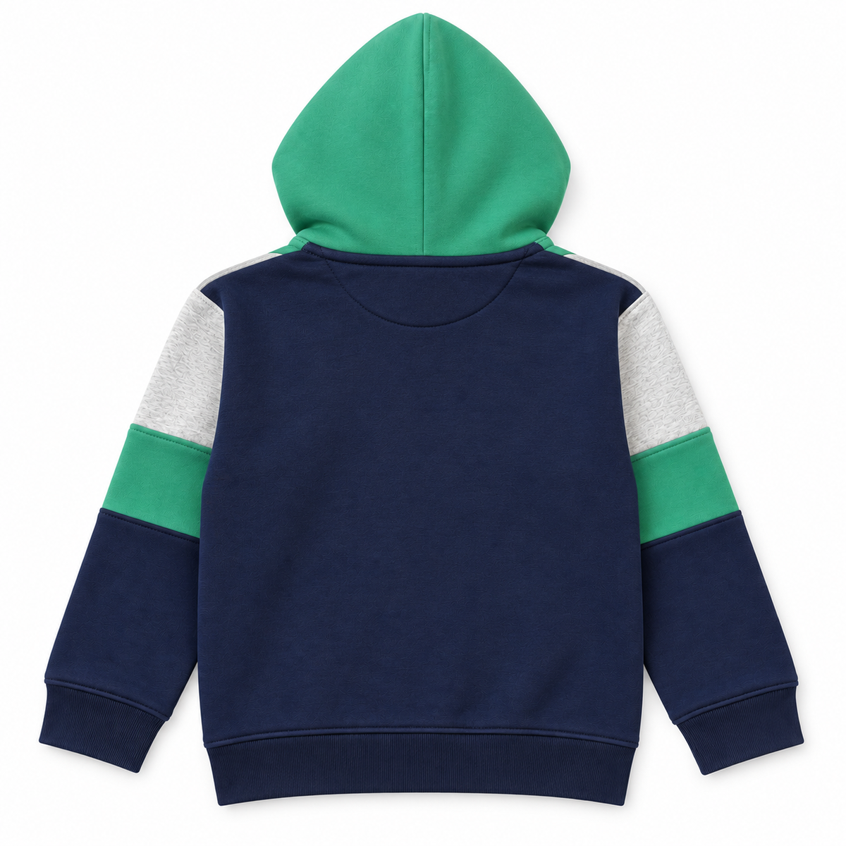 Back view of boys emerald green and navy fleece hoodie with contrasting grey sleeve panels