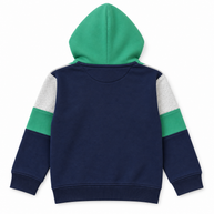 Back view of boys emerald green and navy fleece hoodie with contrasting grey sleeve panels