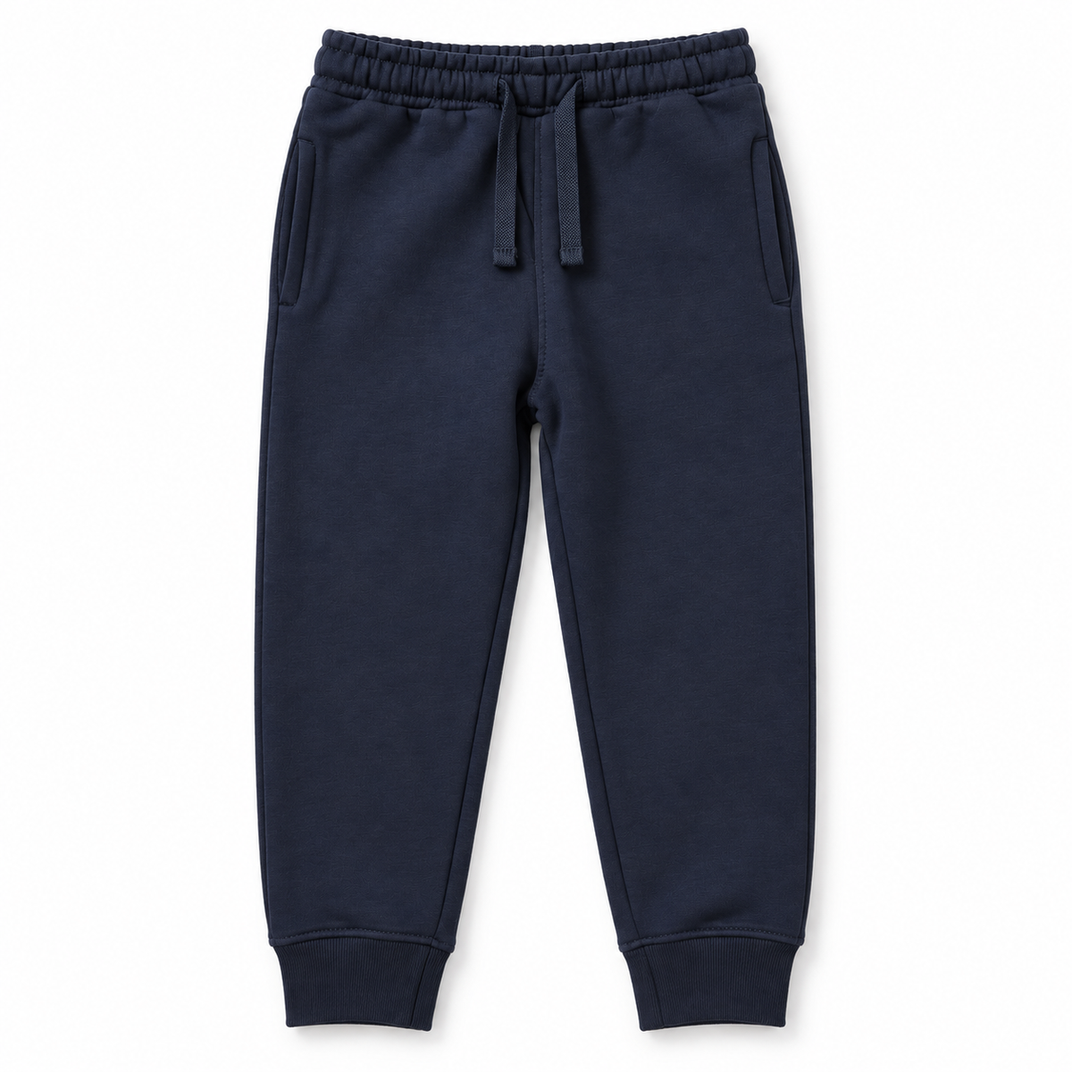 Front view of boys navy fleece joggers with drawstring waist, side pockets and ribbed cuffs