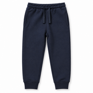 Front view of boys navy fleece joggers with drawstring waist, side pockets and ribbed cuffs