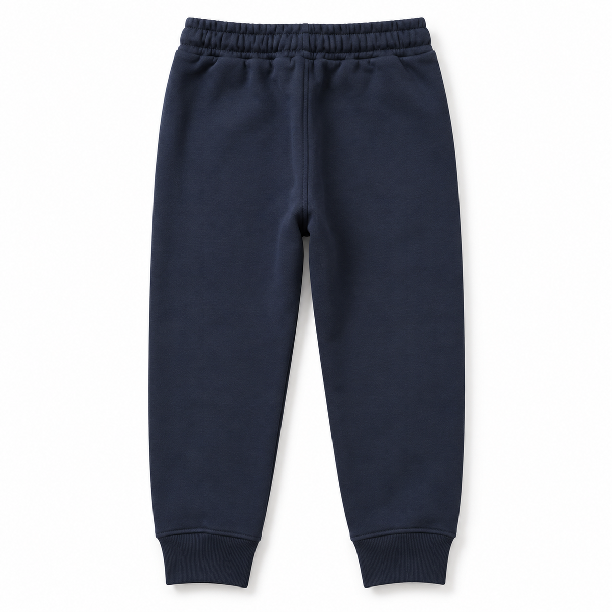 Back view of boys navy fleece joggers with elasticated waist and ribbed ankle cuffs