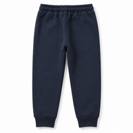 Back view of boys navy fleece joggers with elasticated waist and ribbed ankle cuffs