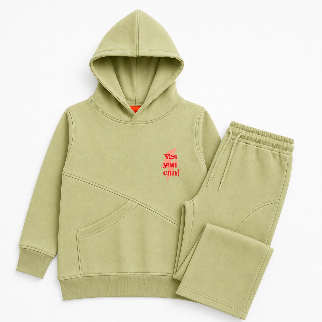 Complete view of the girls pistachio-green fleece co-ord set featuring a Yes You Can graphic hoodie with matching wide-leg trousers.