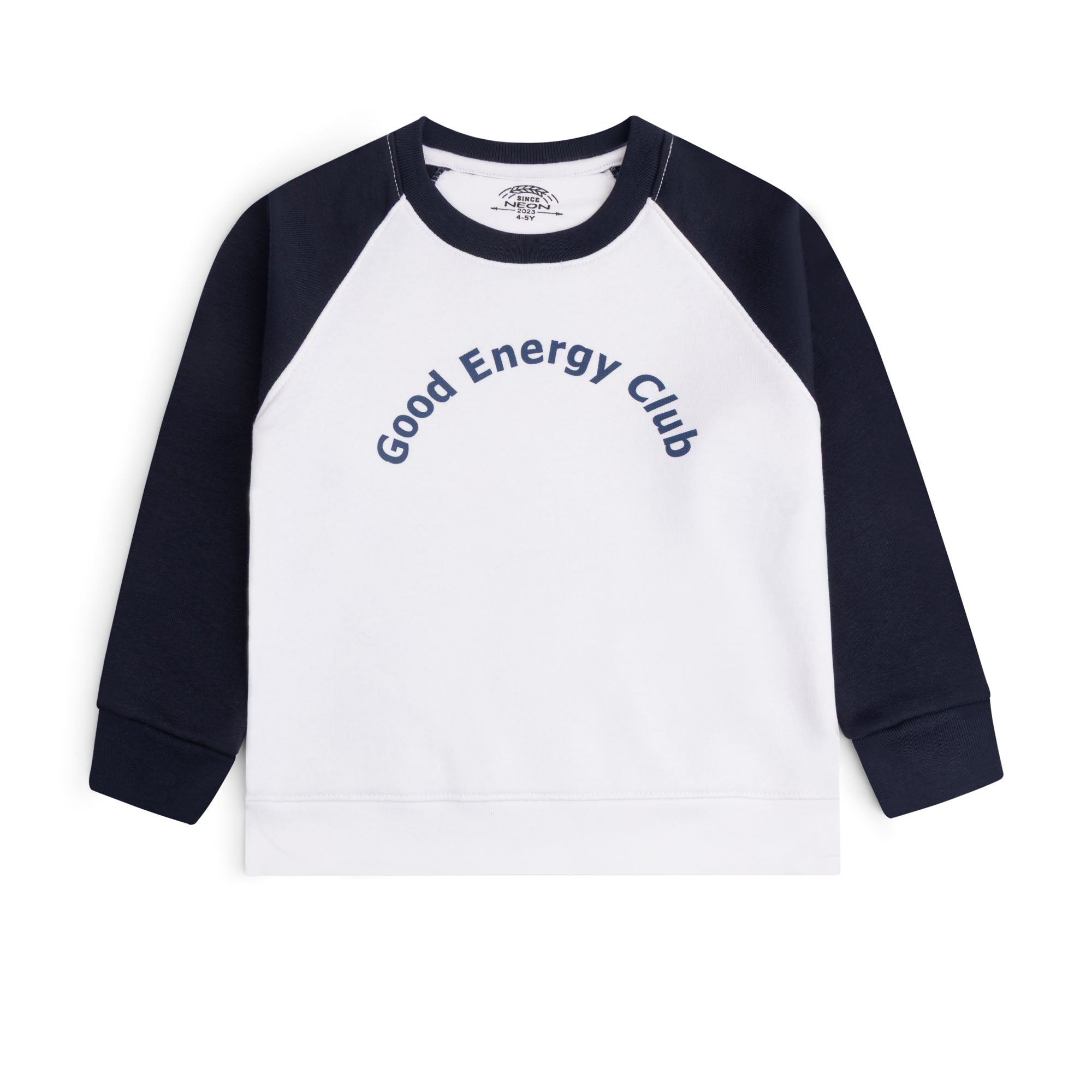 White fleece sweatshirt for boys and girls featuring navy raglan sleeves, a ribbed crew neckline and Good Energy Club chest graphic.