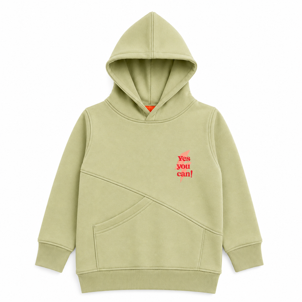 Front view of the girls pistachio-green fleece hoodie featuring a coral Yes You Can graphic, attached hood, diagonal seams and kangaroo pocket.