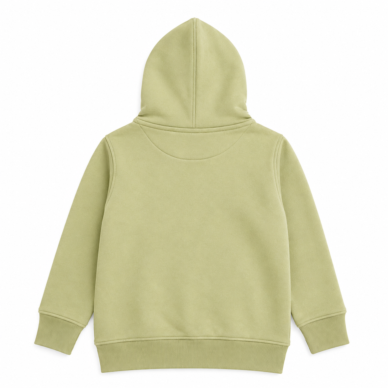 Back view of the girls pistachio-green fleece hoodie showing a clean plain design, attached hood, long sleeves and ribbed finishes.