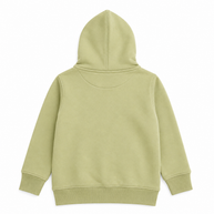 Back view of the girls pistachio-green fleece hoodie showing a clean plain design, attached hood, long sleeves and ribbed finishes.