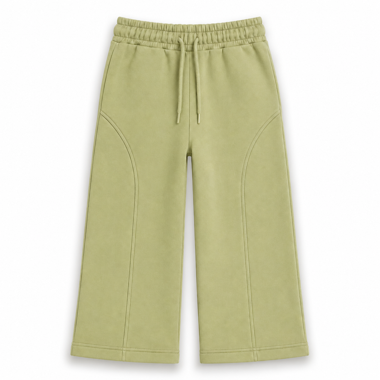 Front view of the girls pistachio-green fleece wide-leg trousers featuring an elasticated drawstring waist and curved front seam detailing.