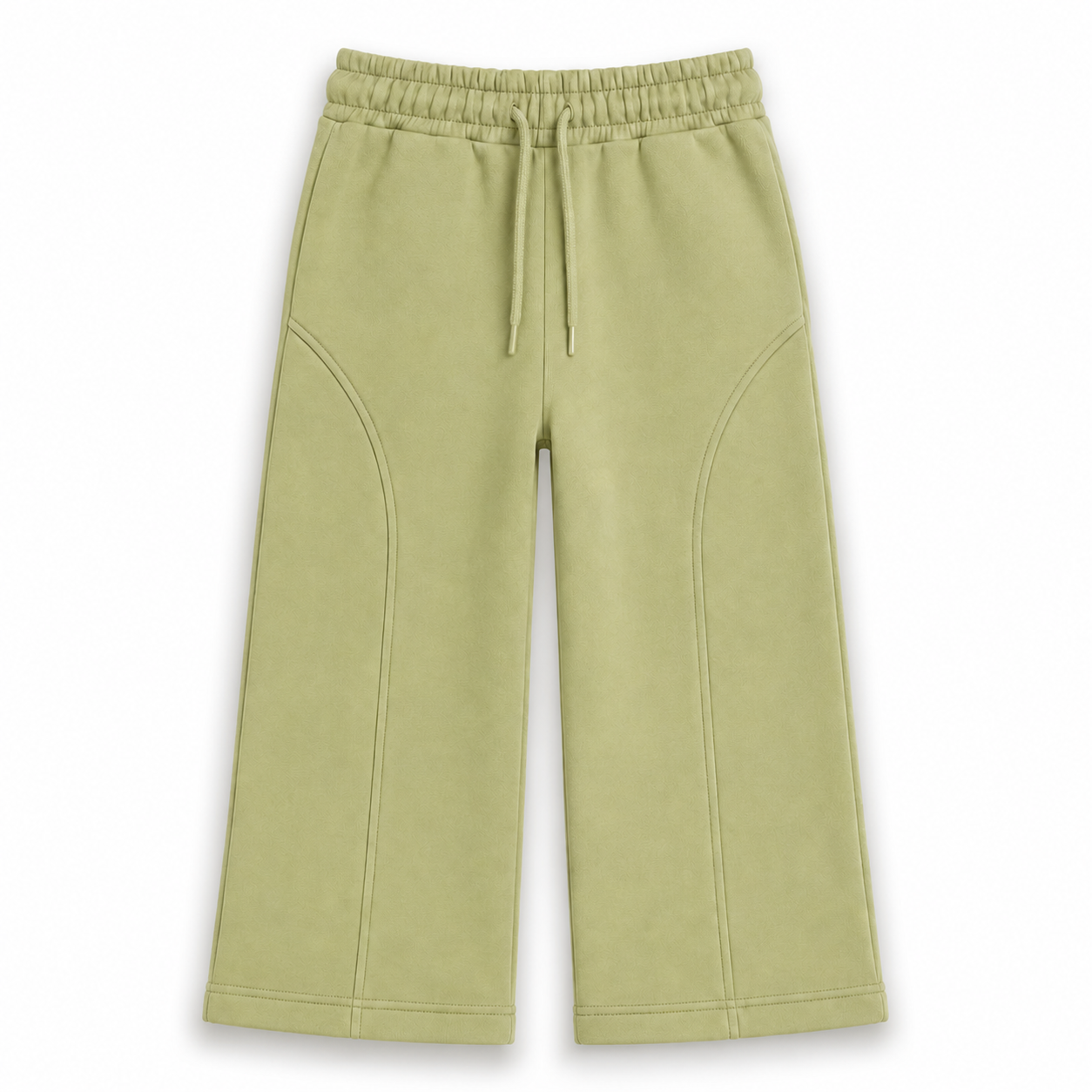 Front view of the girls pistachio-green fleece wide-leg trousers featuring an elasticated drawstring waist and curved front seam detailing.
