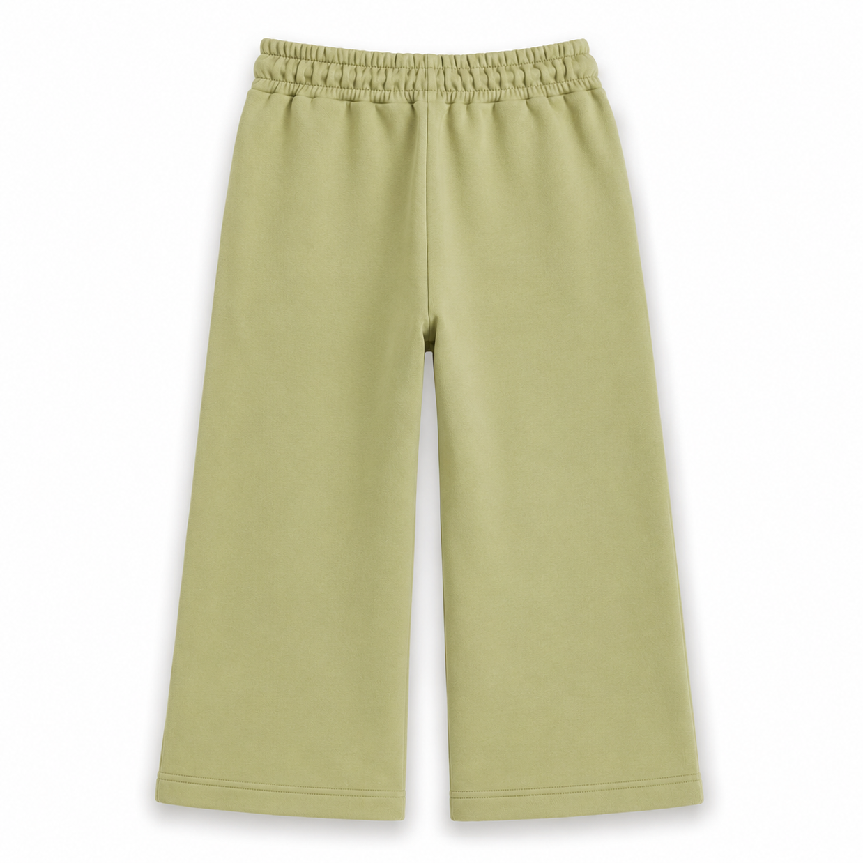 Back view of the girls pistachio-green fleece wide-leg trousers showing a clean plain design, elasticated waistband and straight bottom finish.