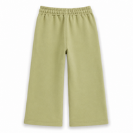 Back view of the girls pistachio-green fleece wide-leg trousers showing a clean plain design, elasticated waistband and straight bottom finish.