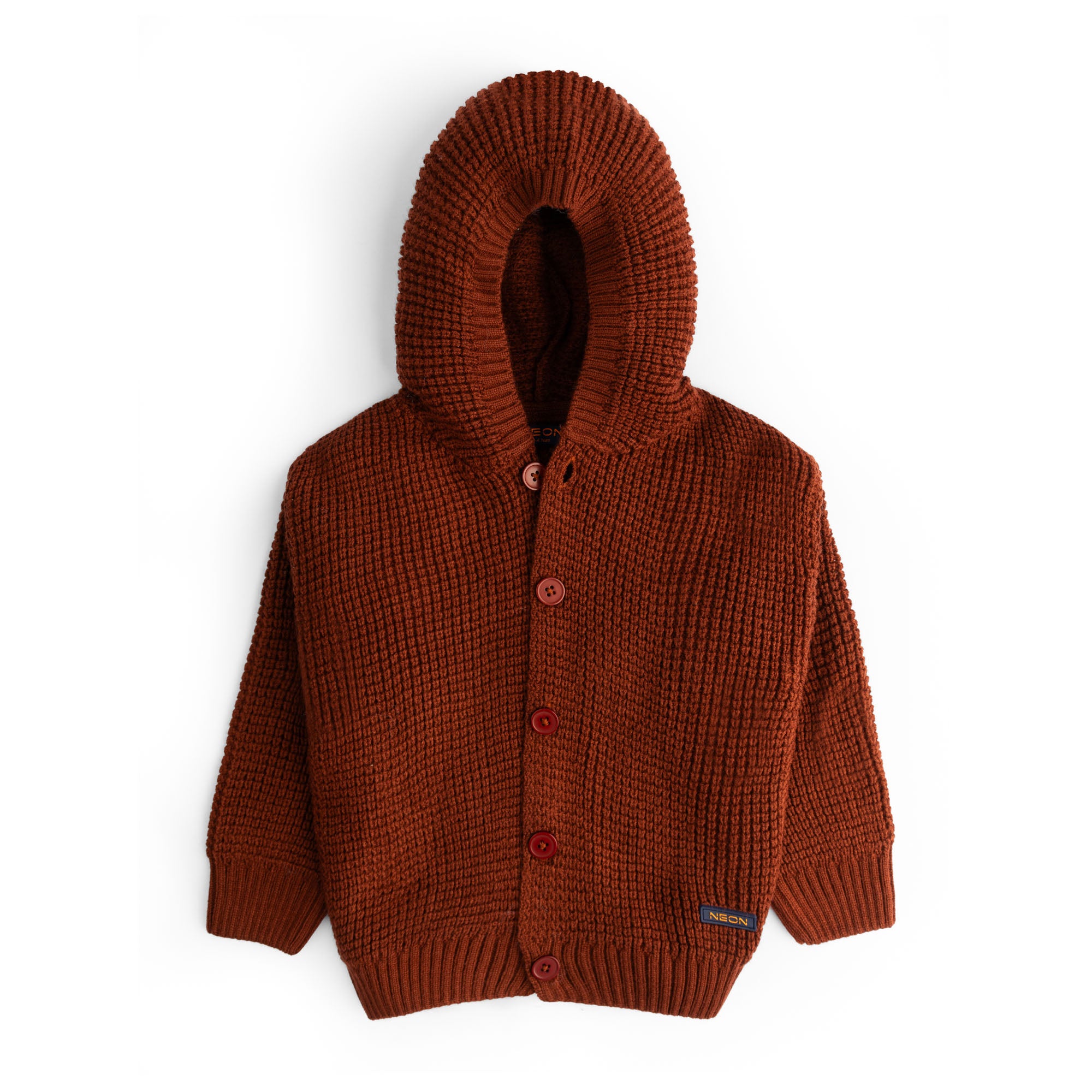Girls rust brown acrylic cardigan featuring a textured design, attached ribbed hood, front button closure and ribbed edges.