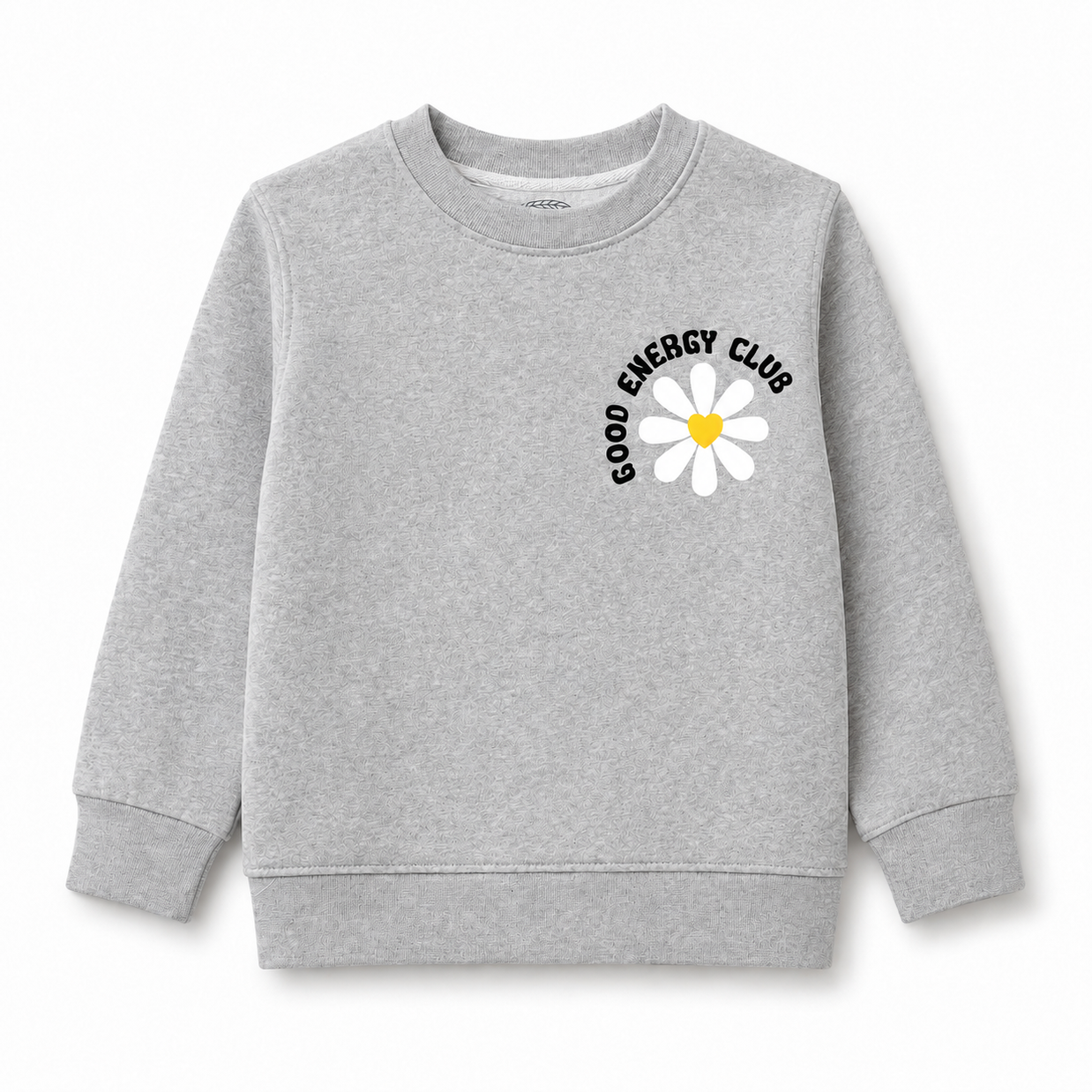 Front view of the girls grey fleece sweatshirt featuring a white daisy graphic, yellow heart centre, crew neckline and ribbed finishes.