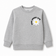 Front view of the girls grey fleece sweatshirt featuring a white daisy graphic, yellow heart centre, crew neckline and ribbed finishes.