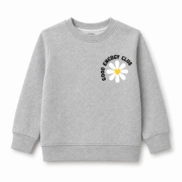 Front view of the girls grey fleece sweatshirt featuring a white daisy graphic, yellow heart centre, crew neckline and ribbed finishes.