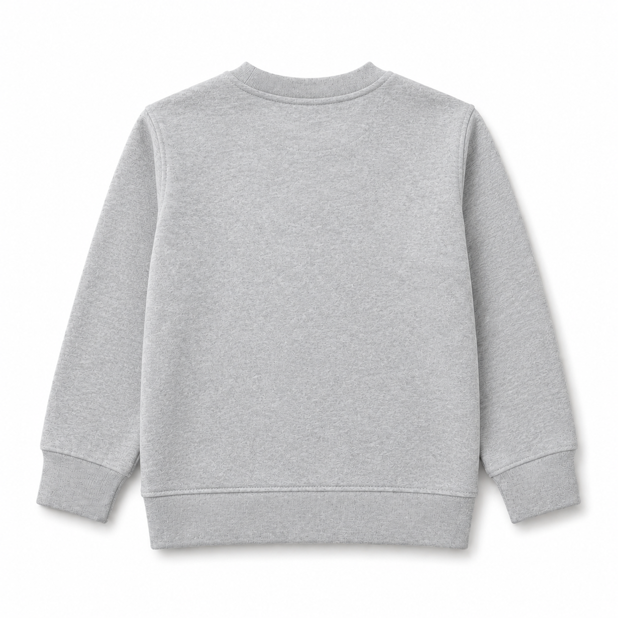 Back view of the girls grey fleece sweatshirt showing a clean plain design, long sleeves and ribbed neckline, cuffs and bottom finish.