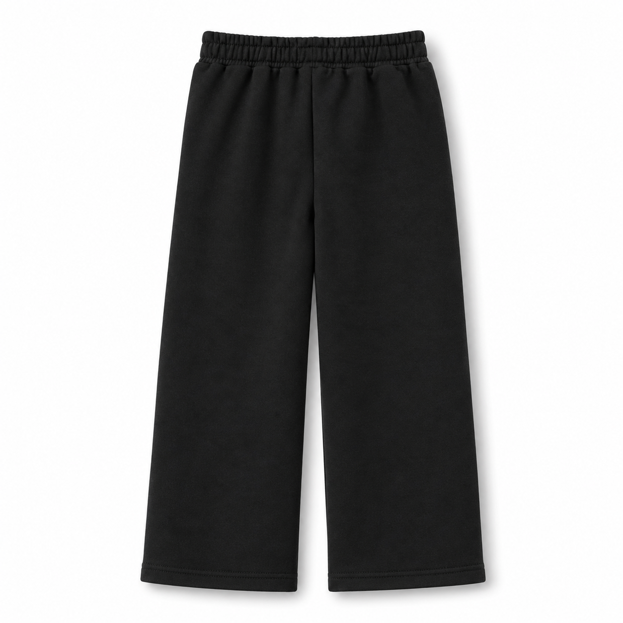 Back view of the girls black fleece wide-leg trousers showing a clean plain design, elasticated waistband and straight bottom finish.