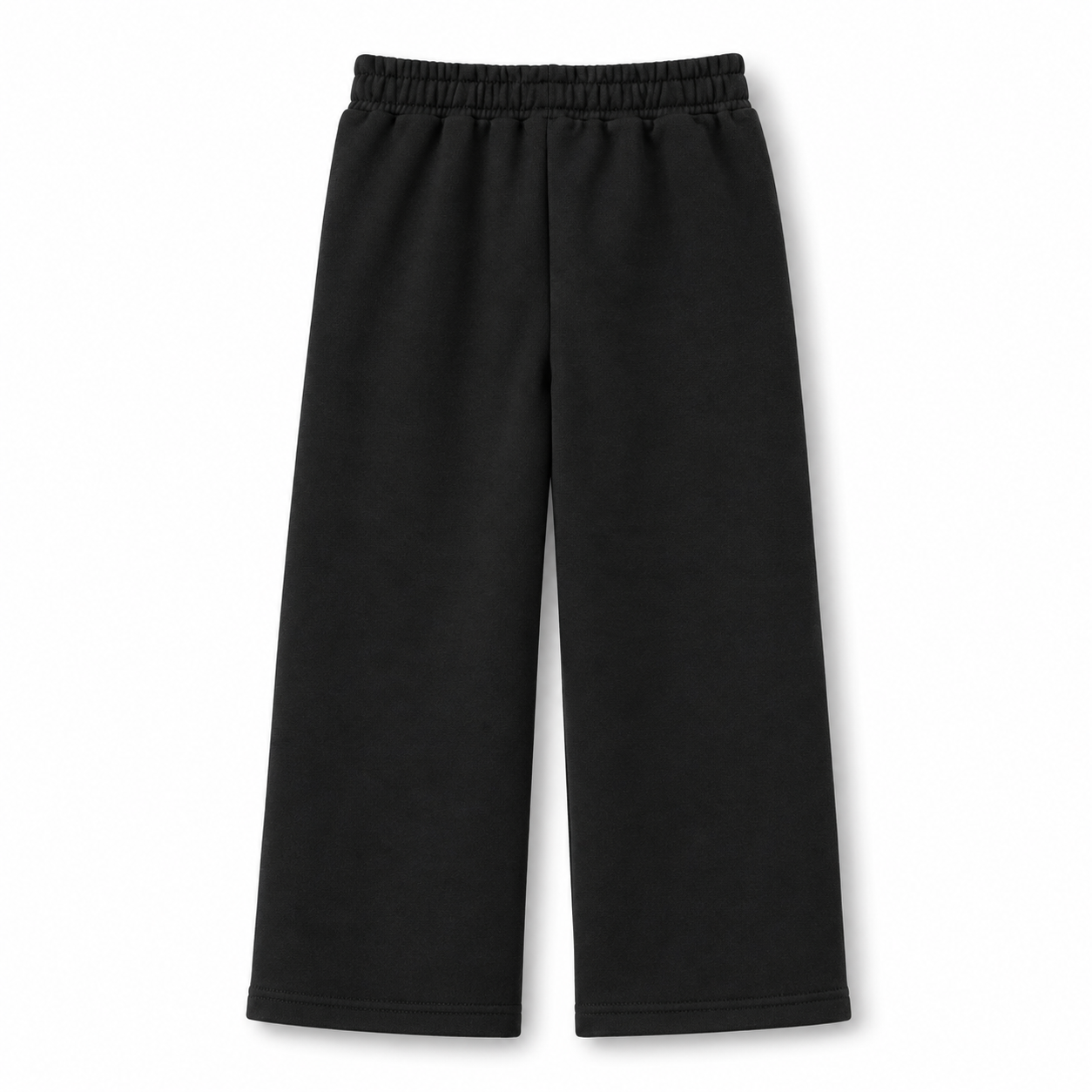 Back view of the girls black fleece wide-leg trousers showing a clean plain design, elasticated waistband and straight bottom finish.