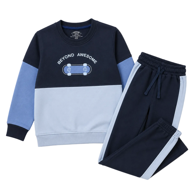 Boys navy and light-blue Color Block Co-ord Set featuring a graphic fleece sweatshirt with matching side-stripe joggers.