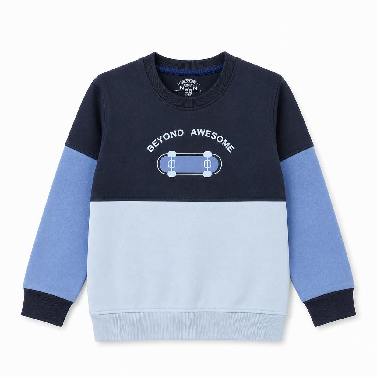Front view of the boys navy and blue color-block fleece sweatshirt featuring a skateboard graphic and ribbed trims.