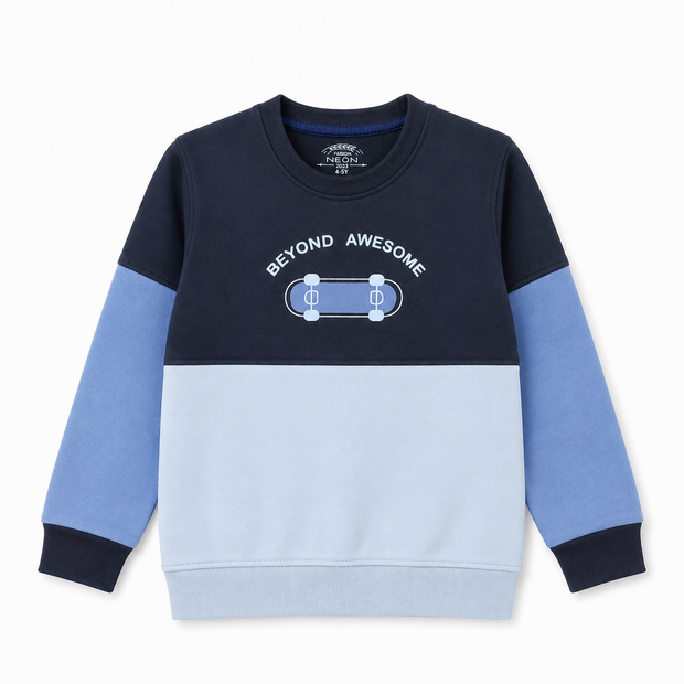 Front view of the boys navy and blue color-block fleece sweatshirt featuring a skateboard graphic and ribbed trims.