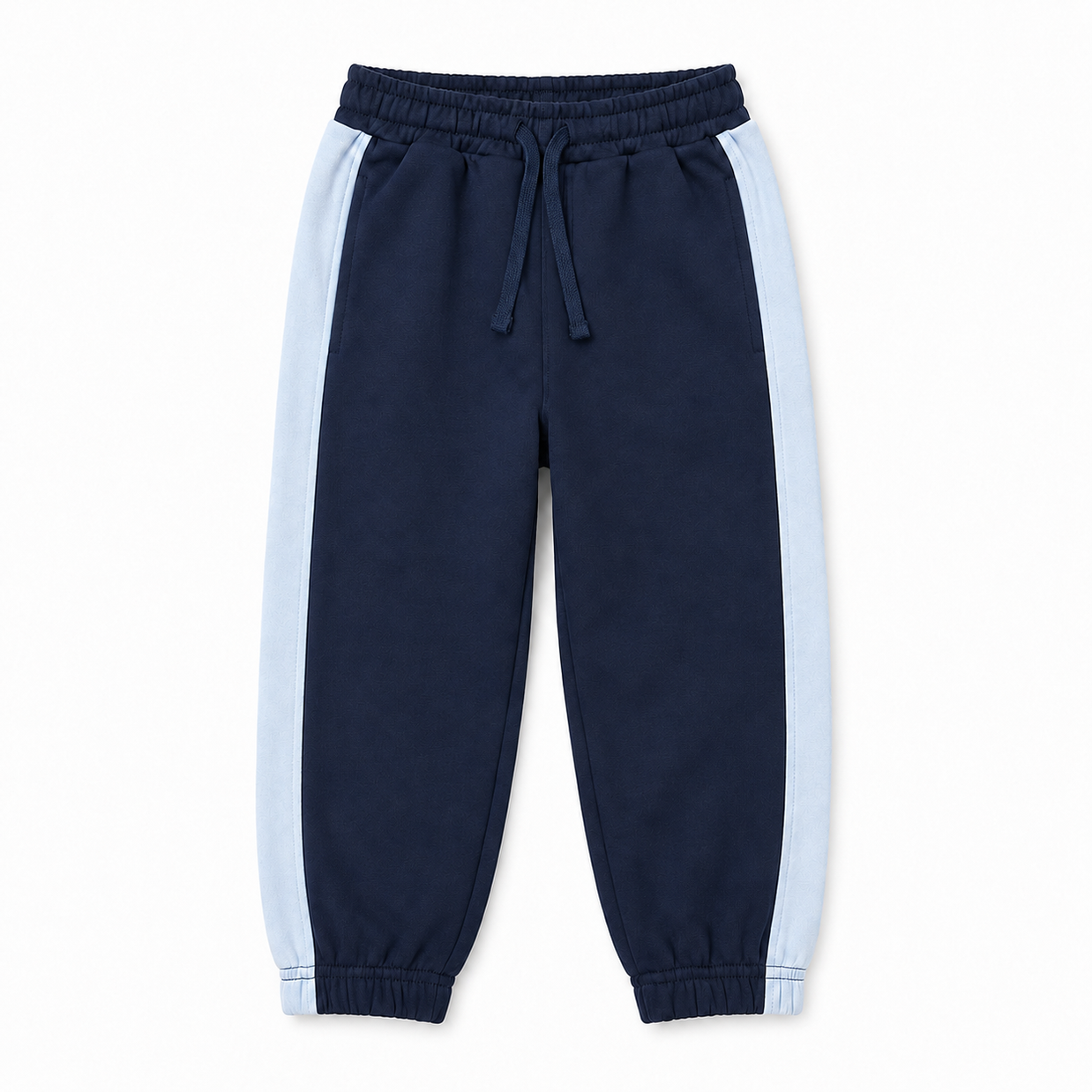 Front view of boys navy fleece joggers featuring light-blue side stripes, side pockets, a drawstring waist and elasticated ankle cuffs.