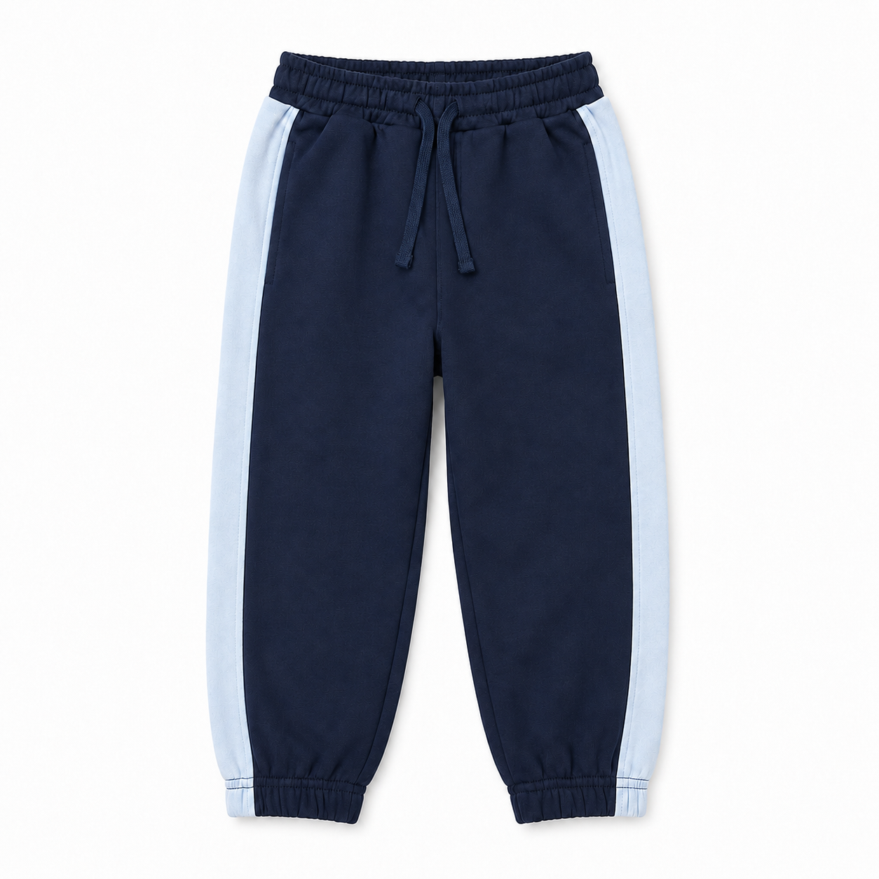 Front view of boys navy fleece joggers featuring light-blue side stripes, side pockets, a drawstring waist and elasticated ankle cuffs.