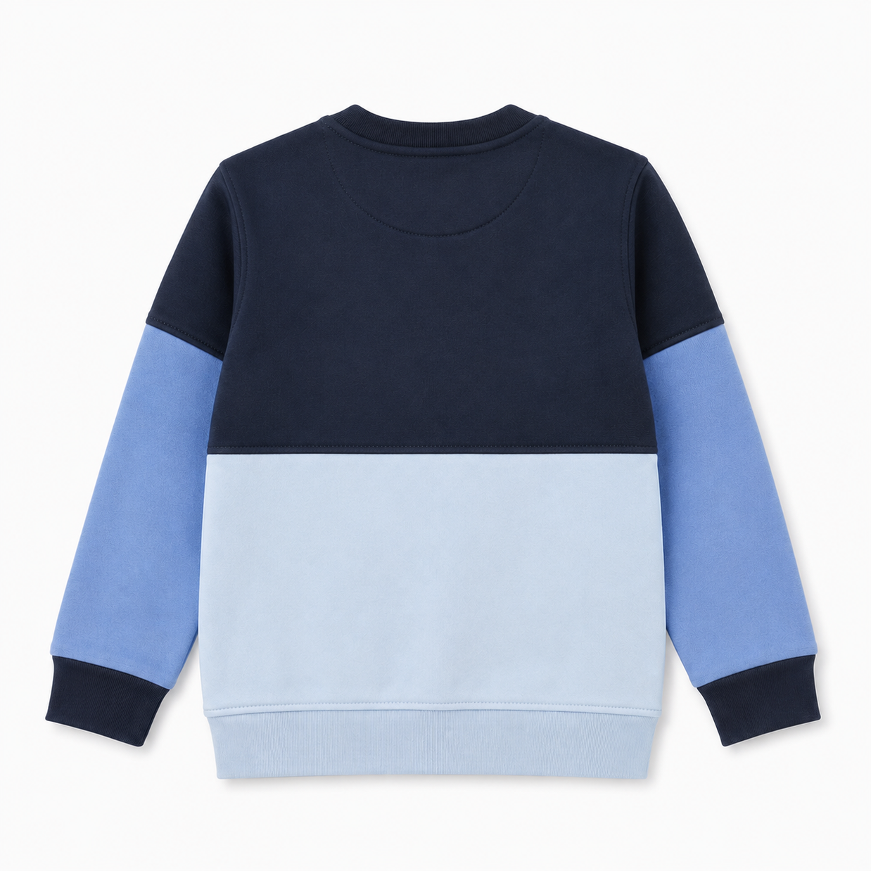 Back view of the boys navy and blue color-block fleece sweatshirt featuring long sleeves and ribbed trims.