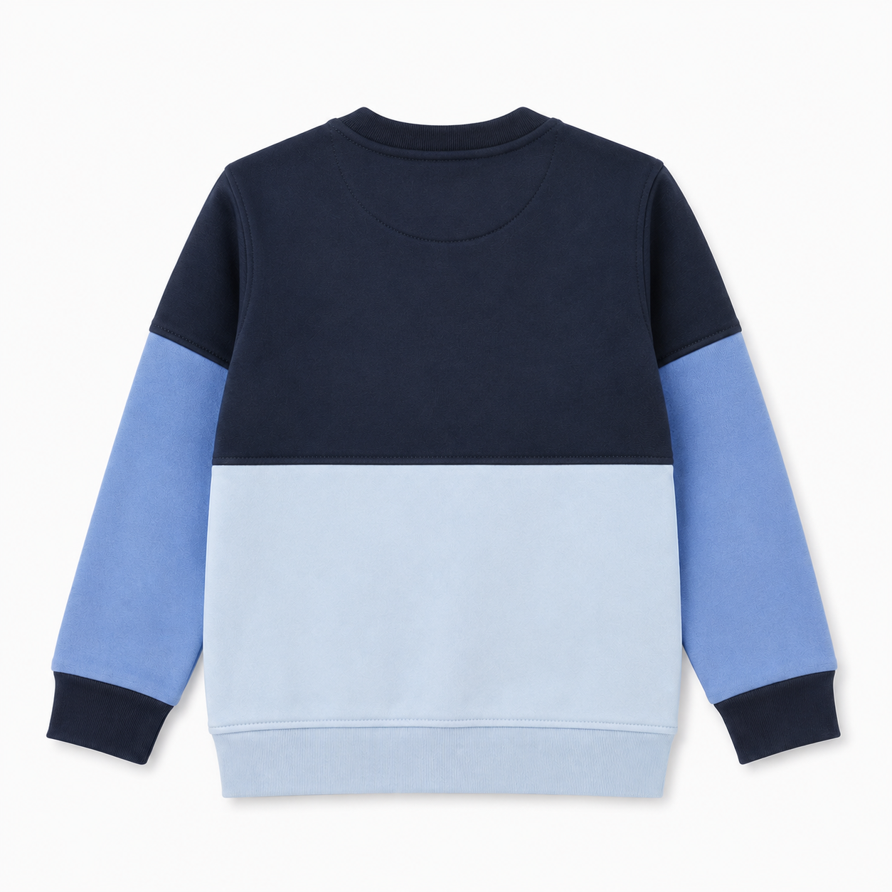 Back view of the boys navy and blue color-block fleece sweatshirt featuring long sleeves and ribbed trims.