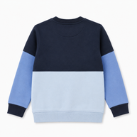 Back view of the boys navy and blue color-block fleece sweatshirt featuring long sleeves and ribbed trims.