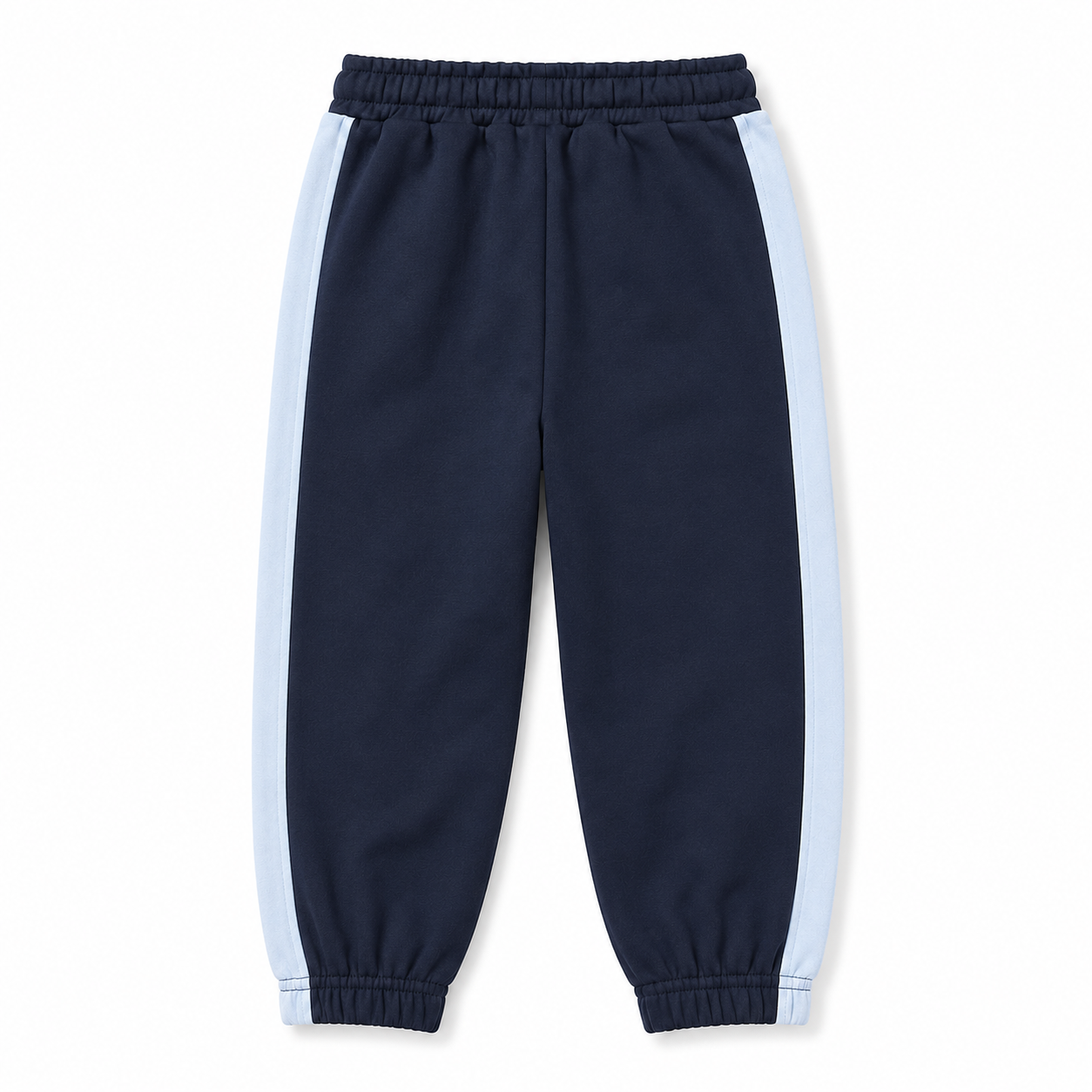 Back view of boys navy fleece joggers featuring light-blue side stripes, an elasticated waist and ankle cuffs.