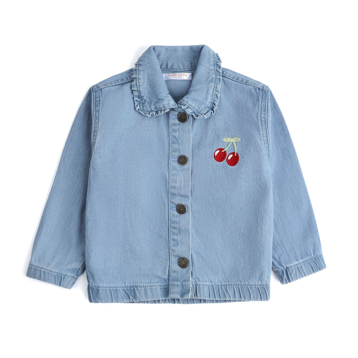 Front view of the girls light-blue denim jacket featuring red cherry embroidery, a ruffled collar, long sleeves and an antique-bronze button-down front.