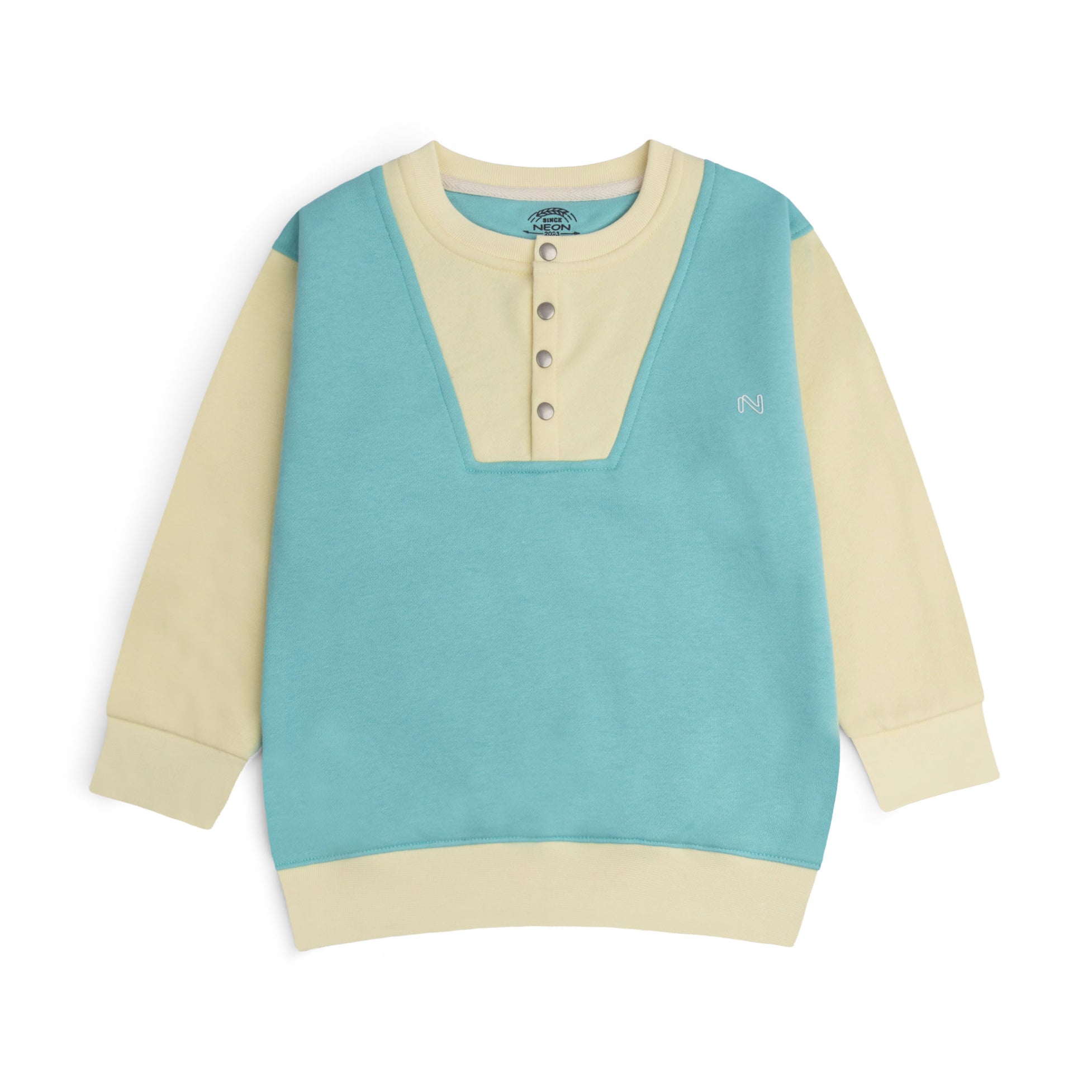 Aqua blue fleece sweatshirt for boys and girls featuring a contrast cream Henley neckline, snap buttons, matching sleeves and ribbed trims.