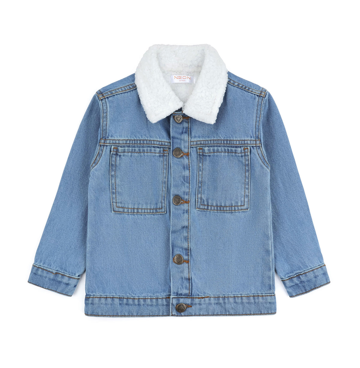 Front view of the light wash kids denim jacket featuring a soft white sherpa collar, two chest pockets, contrast stitching and antique-finish buttons.