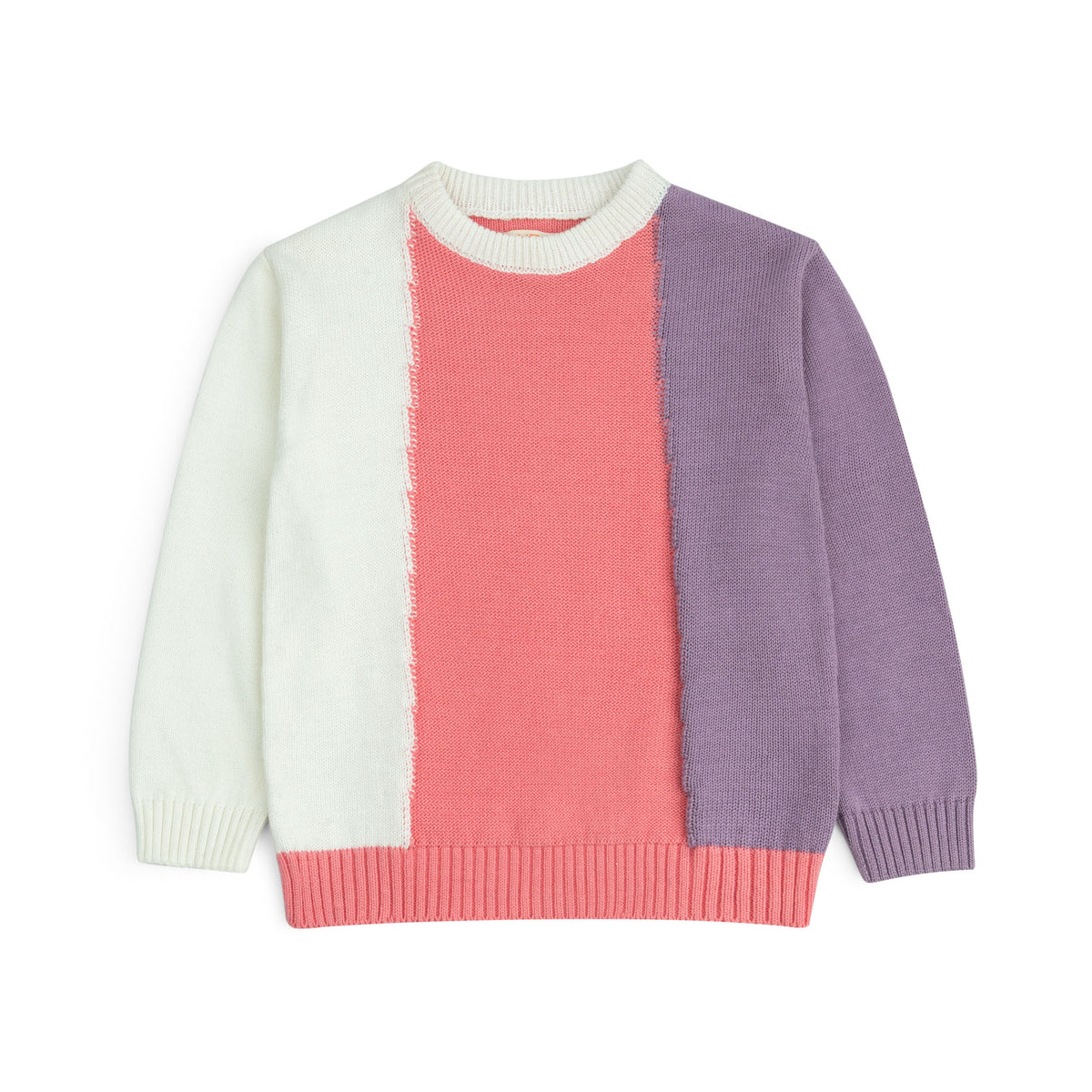 Front view of the Pastel Color Block Sweater for girls, featuring an asymmetrical white, coral pink and lavender design with ribbed finishes.