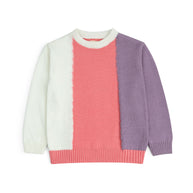 Front view of the Pastel Color Block Sweater for girls, featuring an asymmetrical white, coral pink and lavender design with ribbed finishes.