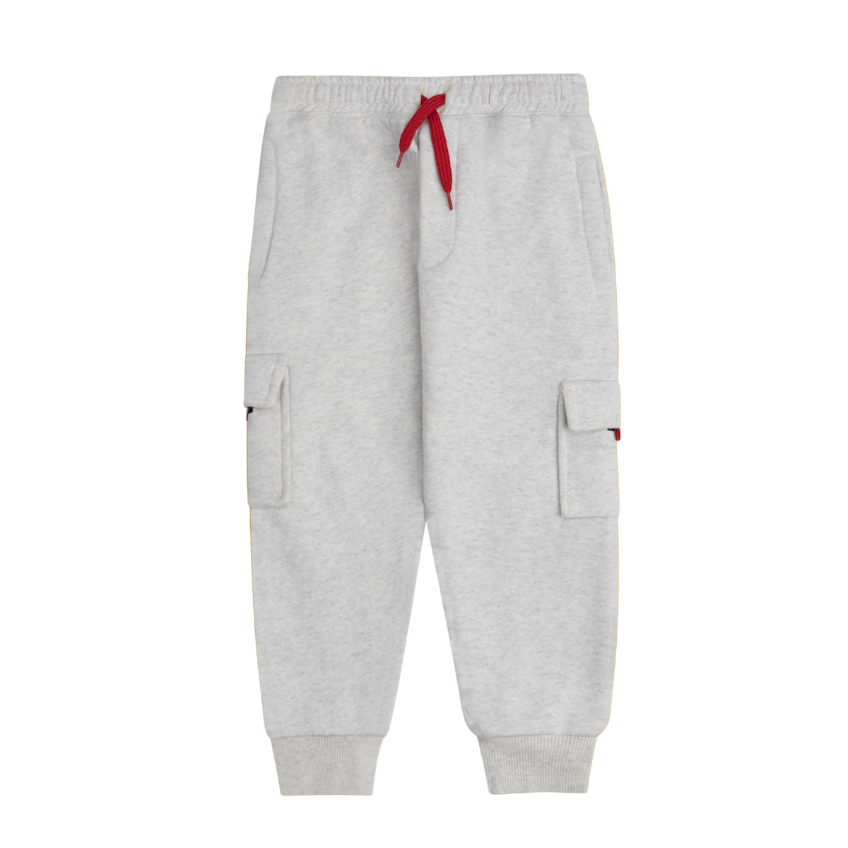 Heather grey fleece cargo jogger for boys with a red drawstring, flap side pockets and ribbed ankle cuffs.