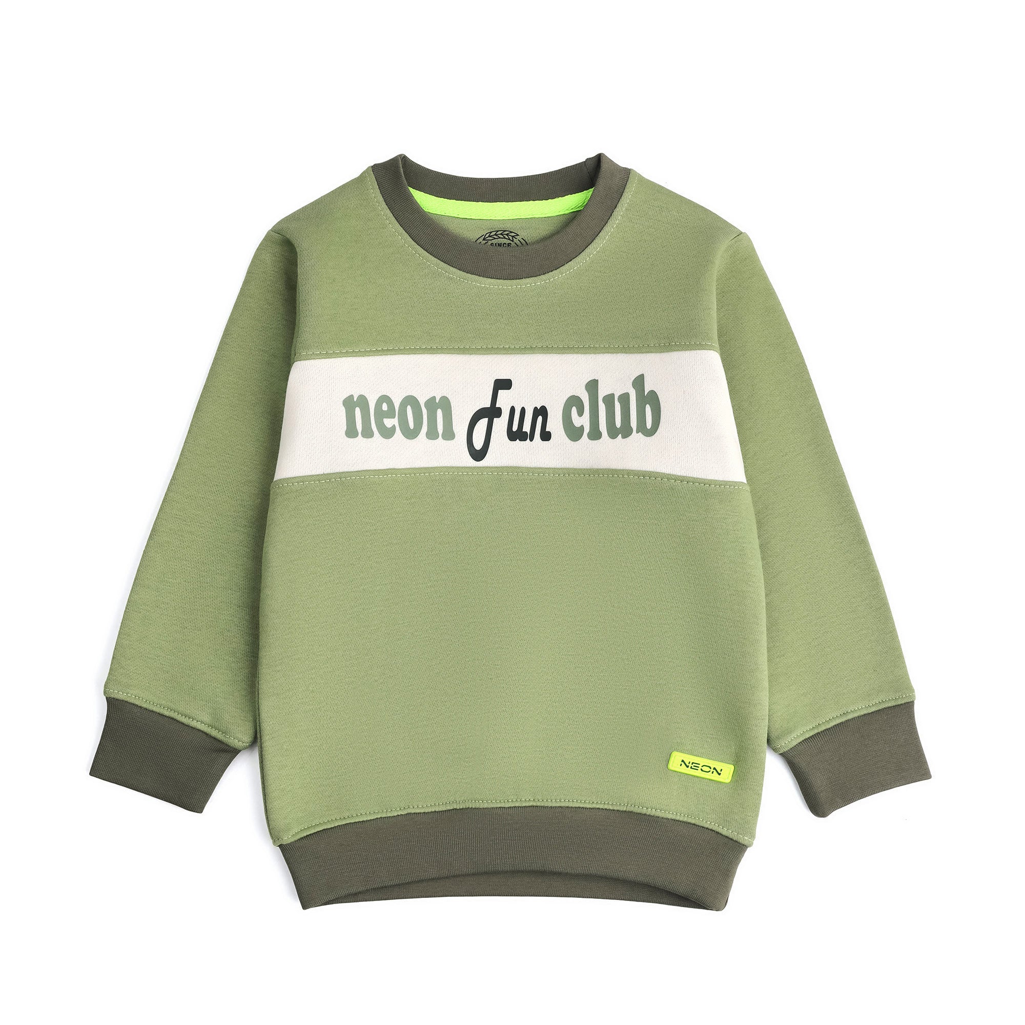 Front view of the boys sage green fleece sweatshirt featuring an off-white chest panel, Neon Fun Club graphic and dark olive ribbed finishes.