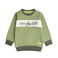 Front view of the boys sage green fleece sweatshirt featuring an off-white chest panel, Neon Fun Club graphic and dark olive ribbed finishes.