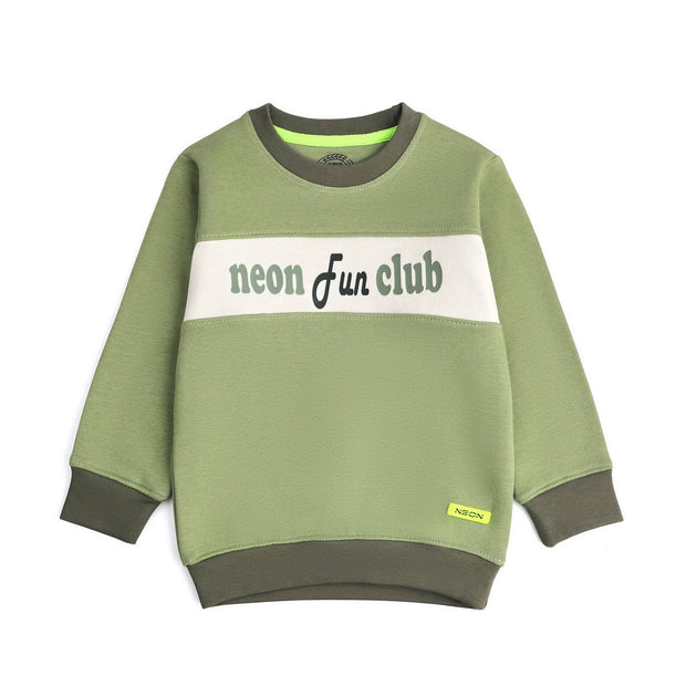 Front view of the boys sage green fleece sweatshirt featuring an off-white chest panel, Neon Fun Club graphic and dark olive ribbed finishes.