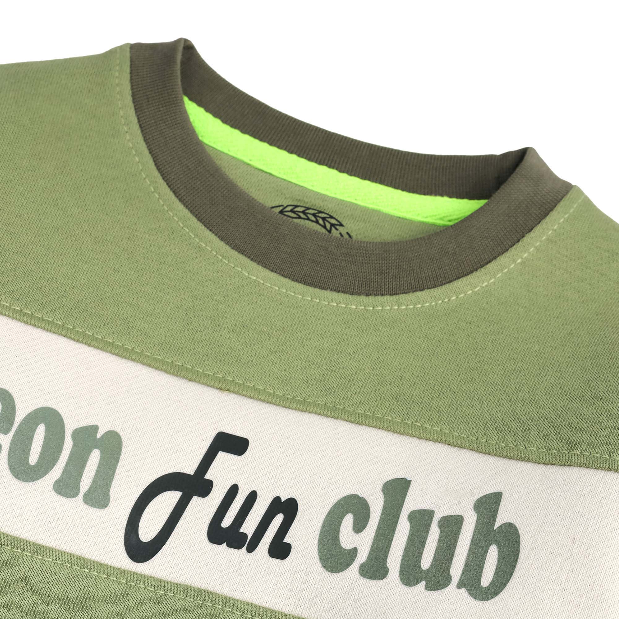 Close-up view of the boys Fun Club fleece sweatshirt showing the contrasting round neckline, neat stitching and printed chest graphic.