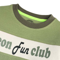 Close-up view of the boys Fun Club fleece sweatshirt showing the contrasting round neckline, neat stitching and printed chest graphic.