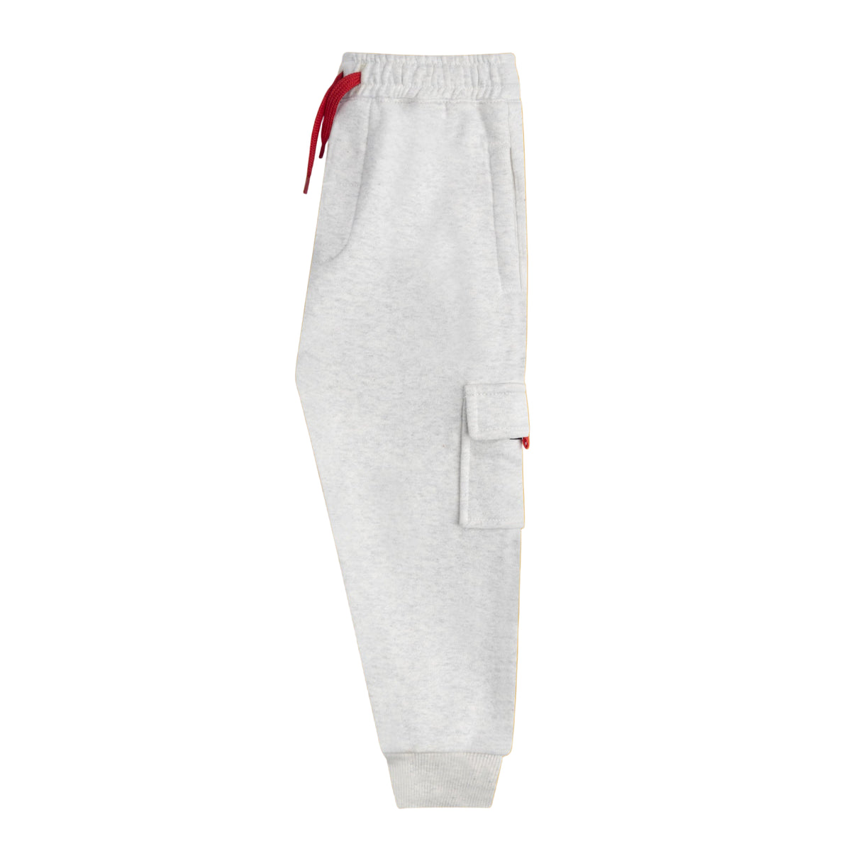 Side view of the boys grey fleece jogger showing the cargo pocket, red detail and ribbed ankle cuff.