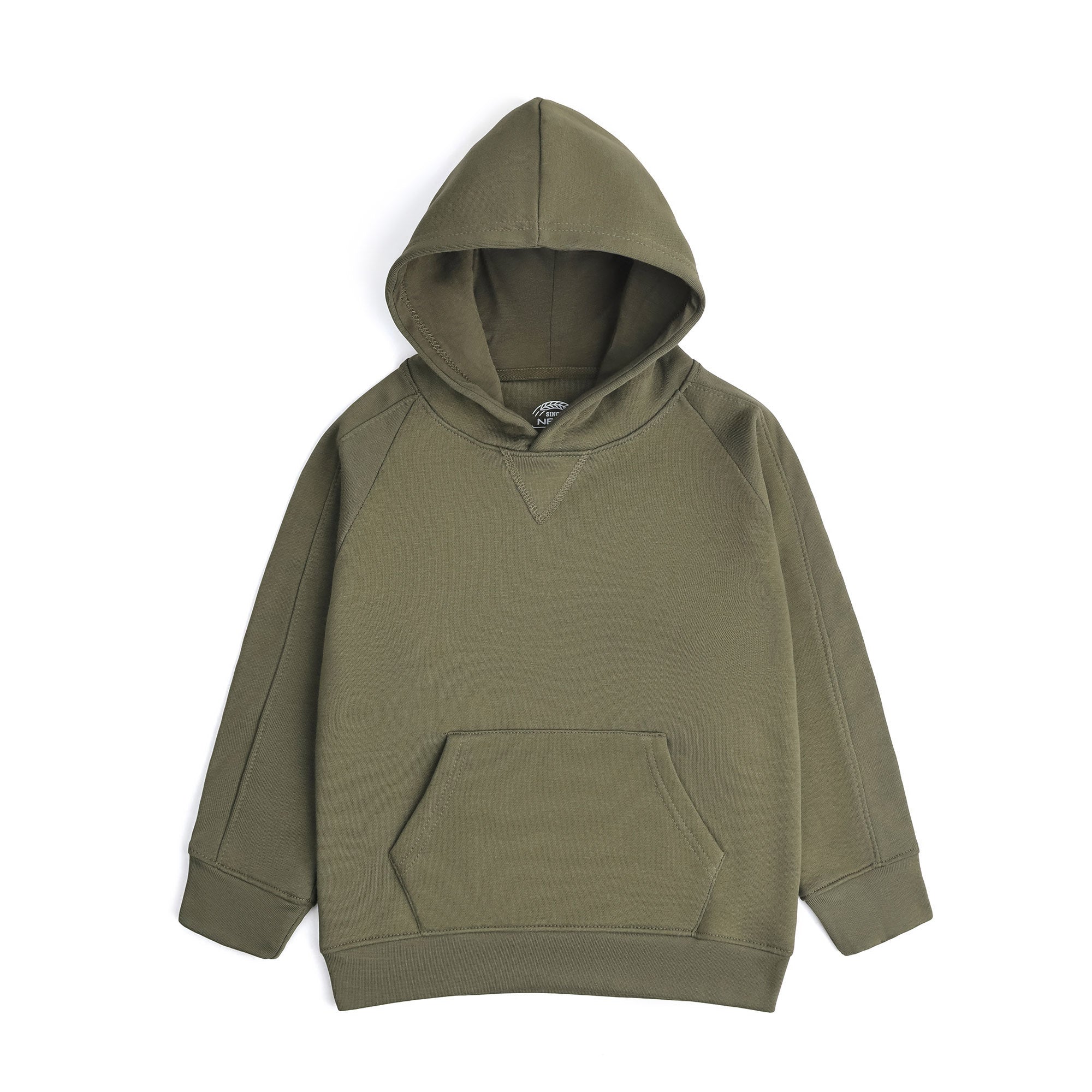 Front view of the boys olive-green fleece pullover hoodie featuring an attached hood, V-stitch neckline, raglan sleeves and kangaroo pocket.